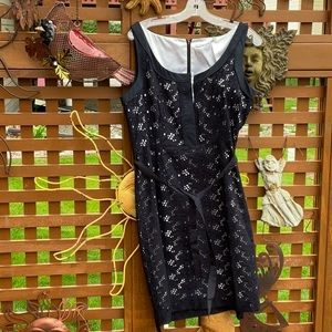 Tahari Navy Blue Lined Eyelet Sleeveless Dress